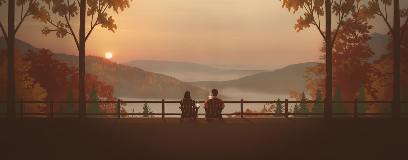 Sunrise over the fog in the valley below our porch in the fall, the two of us in Adirondack chairs with our coffee