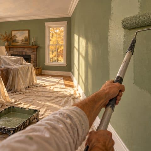 Rolling green paint onto a living room wall