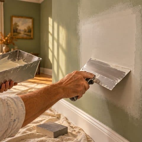 Smoothing a drywall patch with a knife