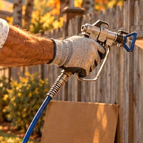 A gloved hand spraying stain on a fence
