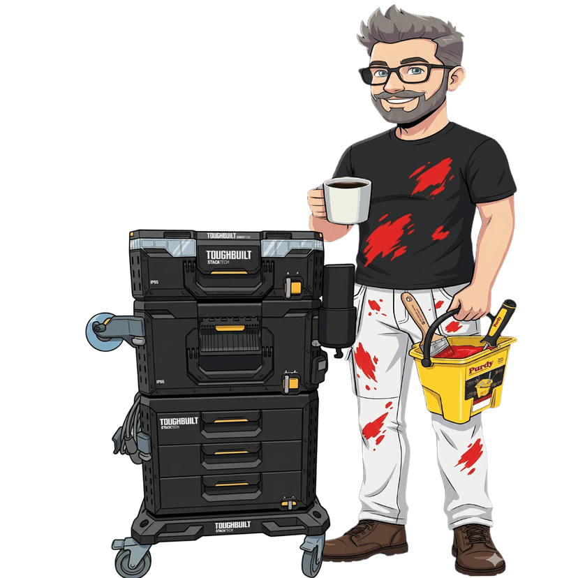 Cafe655 painter with tools and coffee