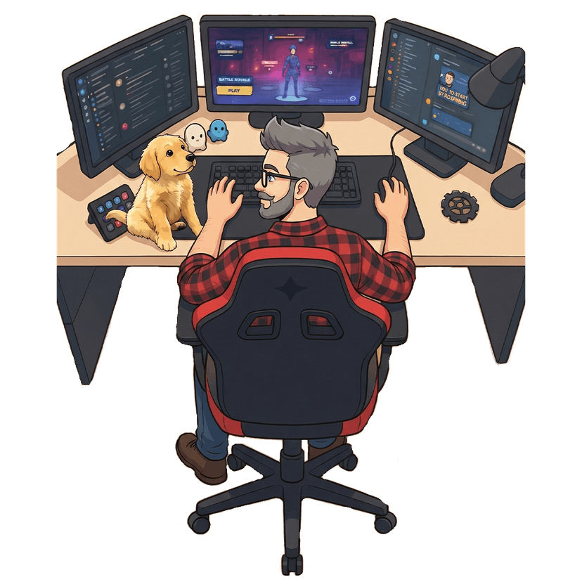 Cafe655 at his streaming desk with dog