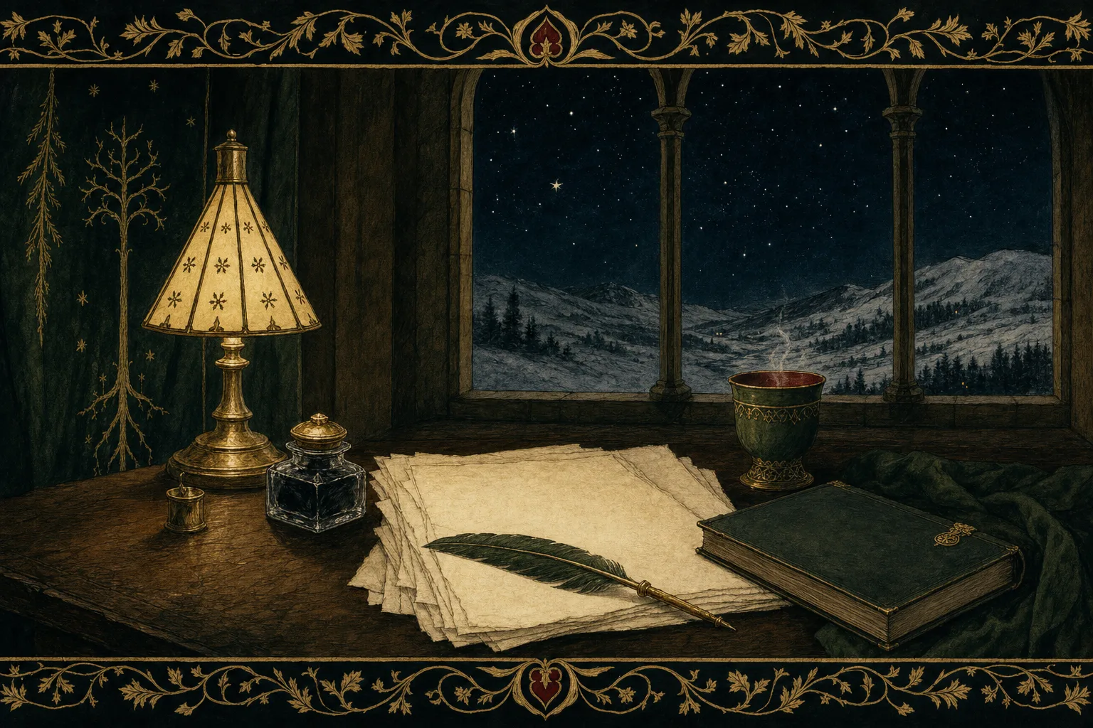 A writing desk at night under one lamp, with an inkwell, a quill and loose blank pages, and a window full of stars over snow.