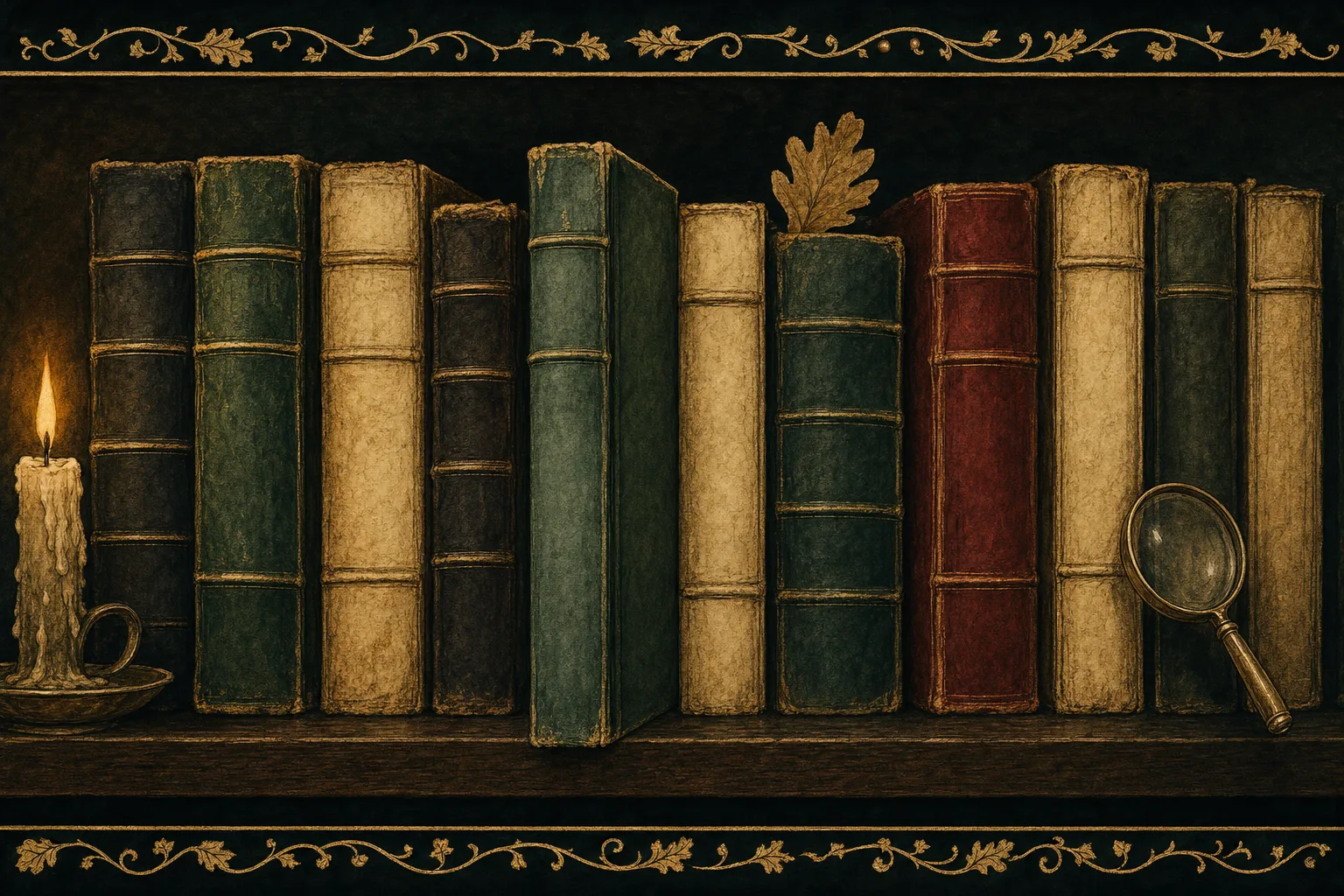 A row of old cloth and leather bound books glowing on a dark oak shelf, one pulled slightly proud of the rest, a pressed oak leaf marking another.
