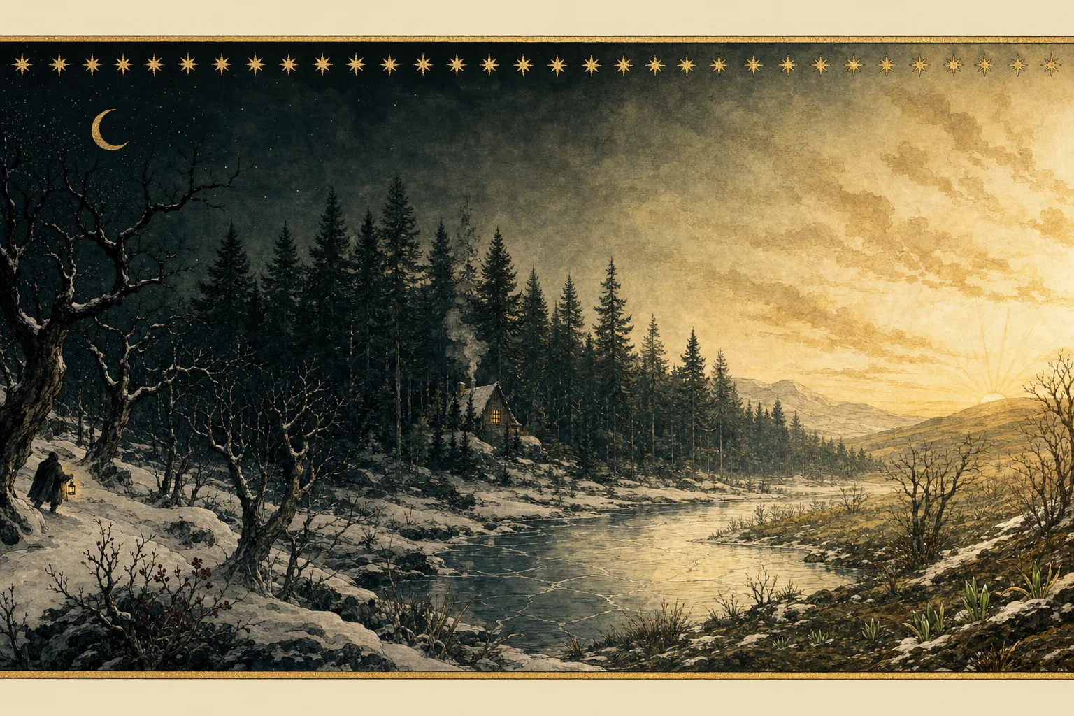 A wide painted frieze of a whole winter, running from a cold grey January night on the left to a warm gold late-winter dawn on the right, with a row of small gold stars along the top.