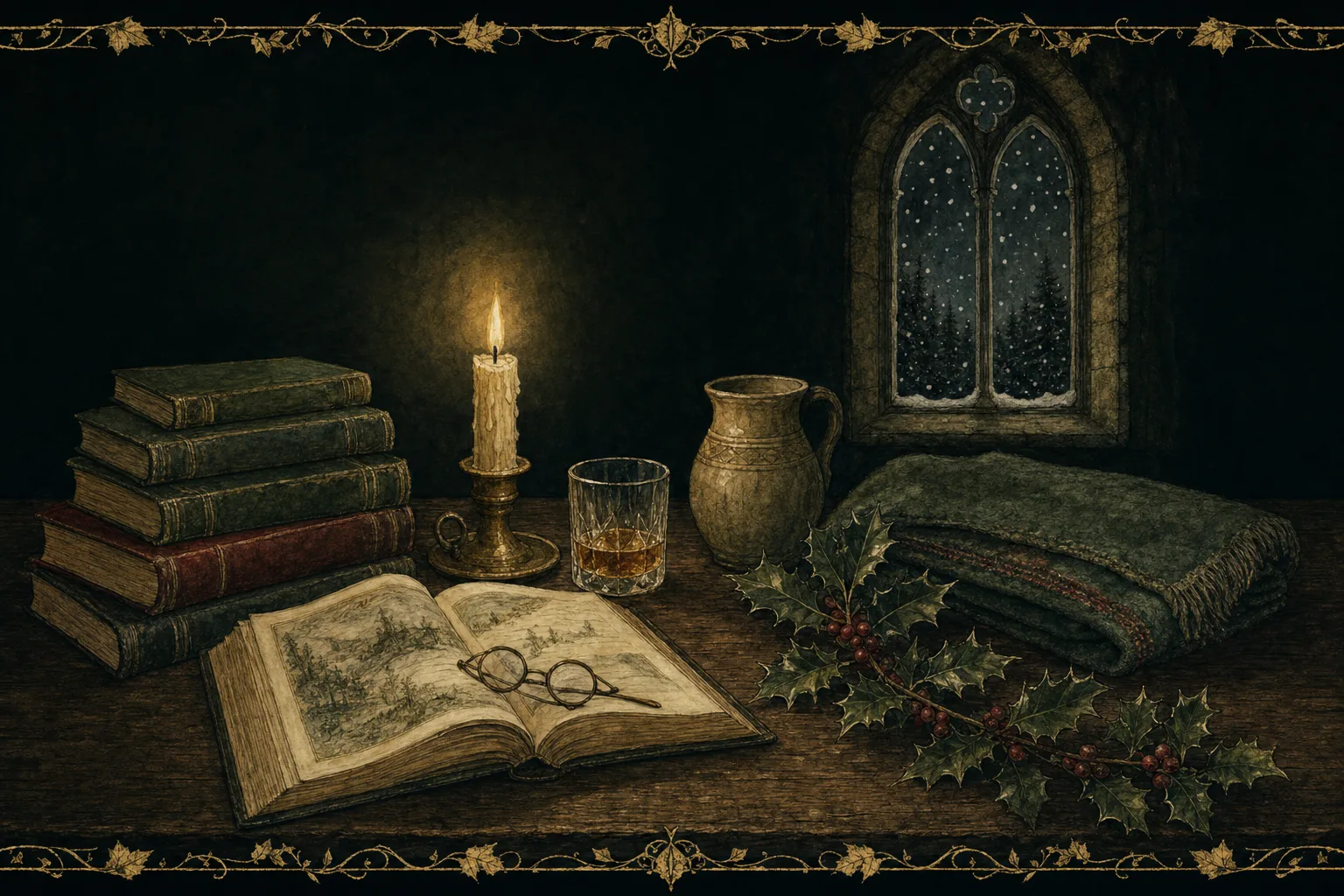 A long dark table laid with the things the season is kept with — old books, a lit candle, a glass of whisky, a jug, a folded blanket — with snow falling at the window behind.