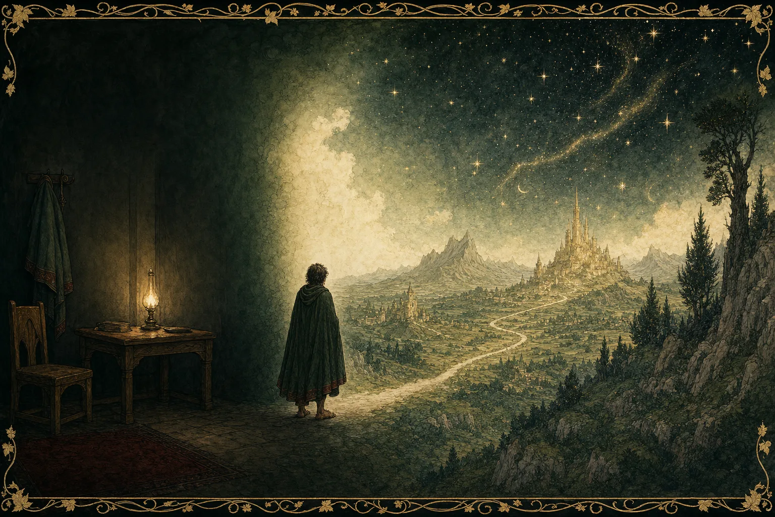 A plain dark room whose far wall opens without a seam into an immense legendary country of starlight, distant golden towers and a long road.